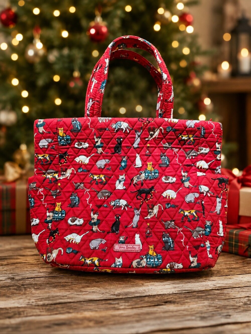 Vera Bradley Red Quilted Christmas Holiday Purse Tote with Cat Pattern
